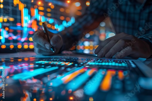 A business analyst at work with double exposure of stock market changes and financial data, connecting analysis with outcomes