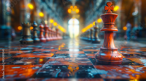 A chess piece is standing on a tiled floor.