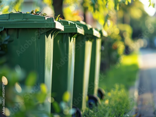 green trash cans standing next to each other on the street