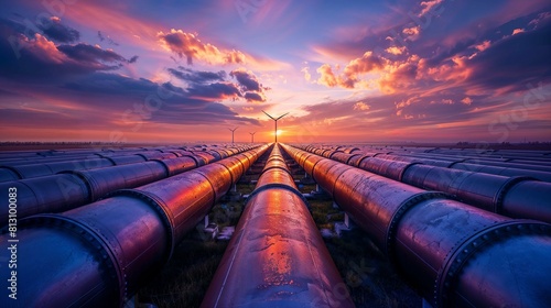 Natural gas pipelines with Oil refinery in the background Atmosphere at sunset Electric wind turbines