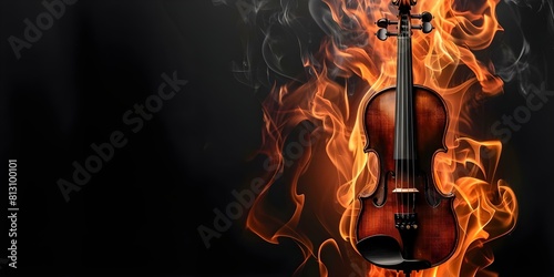 Burning Violin on Dark Background: Modern Graphics for Classical Music Album Cover. Concept Classical Music, Album Cover, Graphics, Violin, Dark Background