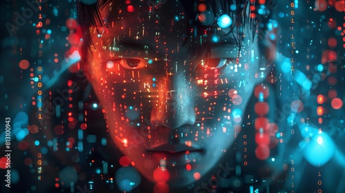A double exposure portrayal of a programmer fused with lines of glowing code, representing the hack theme
