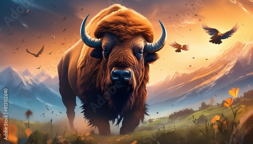Bison with a dark red sky