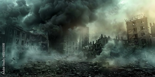 City in ruins dark sky dirty buildings filled with ash and smoke. Concept Post-apocalyptic setting, Urban decay, Dystopian civilization
