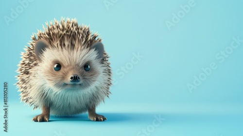 A cute little hedgehog is standing on a blue background. The hedgehog is looking at the camera with a curious expression with copy space