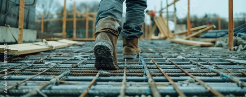 A view from behind of a worker's legs in work boots walking on iron grates at a construction site.