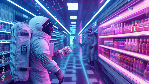 astronaut navigating the aisles of a futuristic supermarket, space station
