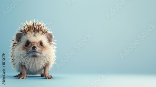 A cute little hedgehog is standing on a blue background. The hedgehog is looking at the camera with a curious expression with copy space with copy space