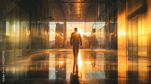 Homem de negócios bem sucedido, imagem empresarial, caminhando no corredor com o sol destacando