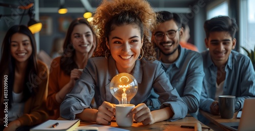 Jovens universitários criativos e sorridentes segurando uma lâmpada acesa simbolizando a criatividade em uma agencia de marketing