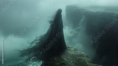 Whispers in the Mist: The Banshee's Warning at the Cliff's Edge Overlooking the tempestuous sea, a banshee stands at the cliff's edge, her mournful cry carrying on the wind.