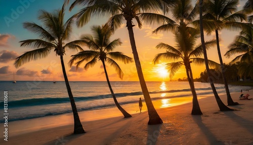 Sunset and Palms on Peaceful Tropical Beach. 