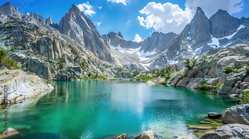 An alpine lake with vibrant turquoise water sits nestled among rugged mountain peaks. The peaks are jagged and feature pockets of snow, suggesting either high altitude or a colder time of year. A few 