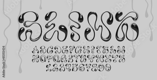 3D Y2K style font with fluid abstract wavy shapes of dripping liquid melted black metal or ink. Set of isolated vector alphabet letters and numbers for typography design, banners, posters, or prints