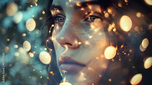 The image features a close-up of a person’s face, likely female, partially illuminated by warm, circular bokeh light effects that suggest the presence of fairy lights or a similar light source. The li