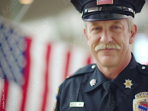 A police officer, in full uniform, stands proudly in front of an American flag, embodying patriotism and duty.