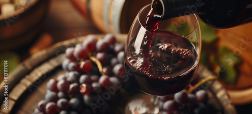 Red wine is poured into the glass from a bottle, with grapes lying nearby on a barrel background