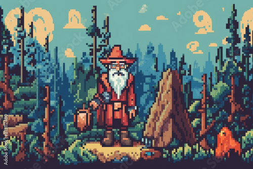 Pixel art depiction of an elderly man taking a stroll in a dense forest filled with tall trees and greenery