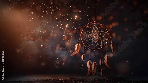 A mesmerizing dream catcher hangs delicately from a string, casting a shadow in the dark while capturing bad dreams and letting only good dreams pass through.