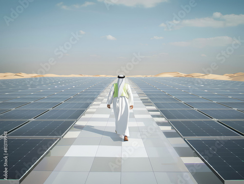 Man in White Robe Walking Between Rows of Solar Panels