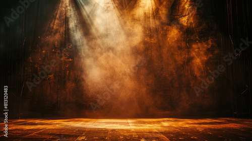 Empty concert stage with illuminated spotlights and smoke. Stage background , white spotlight and smoke