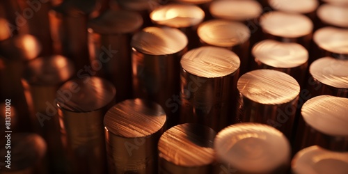 Industry, A close-up of shiny copper bars with polished surfaces, Detailed view of metallic copper bars with a reflective surface