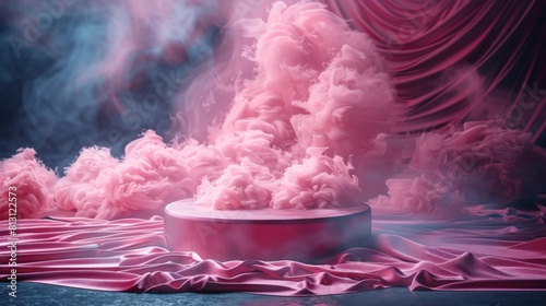 Dramatic scene of a stage podium enveloped in swirling pink smoke, accented by elegant satin fabric.