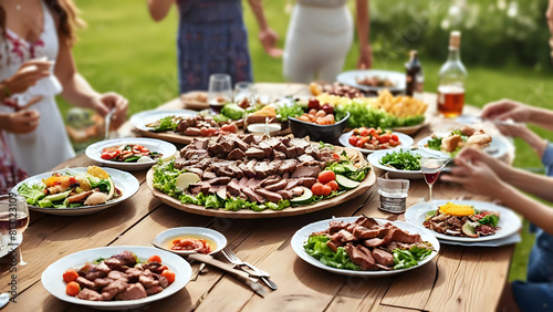 closeup of a backyard dinner table have a tasty grilled BBQ meat, Salads and champagne and happy joyful people on background.
