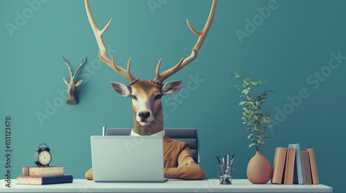 Deer with a human-like torso and arms, sitting at a desk using a laptop