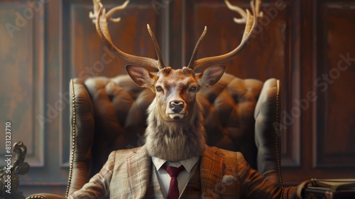 Portrait of a male deer in a suit and tie sitting in an armchair
