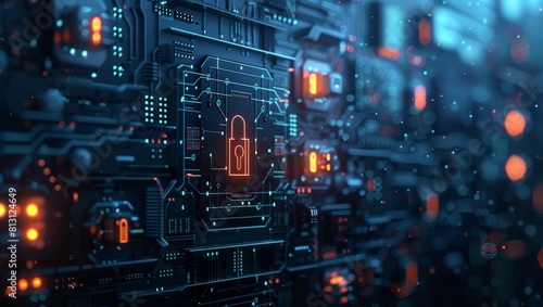 A digital illustration of security features such as locks or circuit boards, symbolizing the importance and sophistication of data protection for business