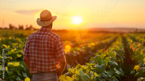 Farmer Observing Crop Field at Sunset. A farmer in a straw hat stands contemplating his field of crops during a beautiful sunset.