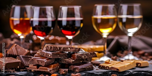 Chocolate wine flight with red white and dessert wines paired with decadent chocolate. Concept Wine Tasting, Chocolate Pairing, Red Wine, White Wine, Dessert Wine
