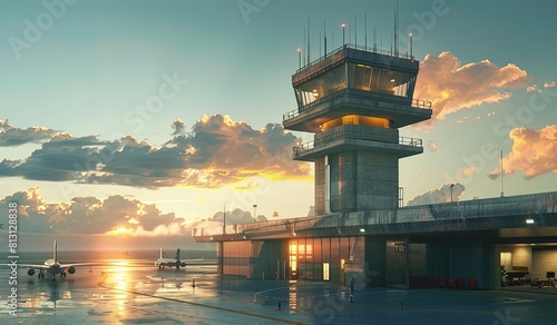 A modern control tower at the airport surrounded by concrete walls, with clear skies above and planes taking off in the distance.