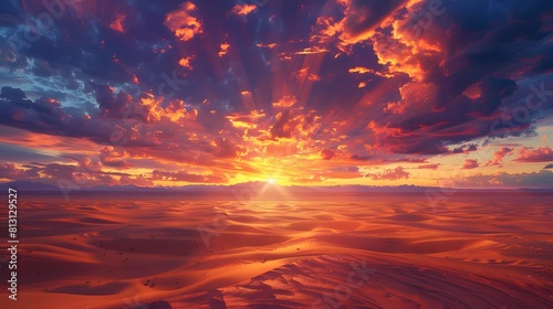 Render a breathtaking desert landscape bathed in the warm glow of a sunset. Utilize vibrant oranges, reds, and purples for the fiery sky, transitioning into a soft blue at the horizon