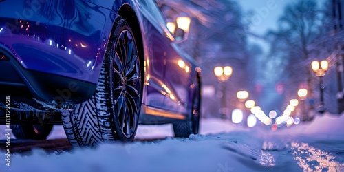 Car Tire on Snowy City Road with Street Lamps: A Close-Up Shot. Concept Snowy Cityscape, Winter Roads, Close-Up Photography, Urban Landscapes, Street Lamps