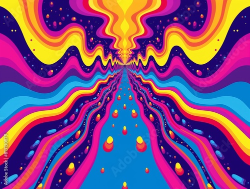 A colorful, psychedelic painting of a tunnel with a bright blue sky above. The painting is full of bright colors and has a dreamy, otherworldly feel to it
