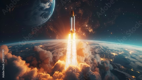 Cinematic, futuristic space rocket launch with Earth in the background, wide shot, 2057 year