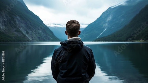 Man in blue jacket standing by Norwegian fjord mountainous landscape