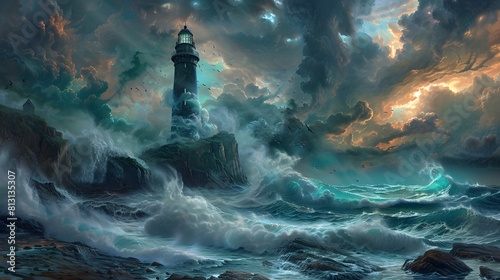 Paint a dramatic seascape featuring a lone lighthouse standing strong on a rocky cliff. Depict crashing waves with shades of blue and green, and a stormy sky with dark, swirling clouds