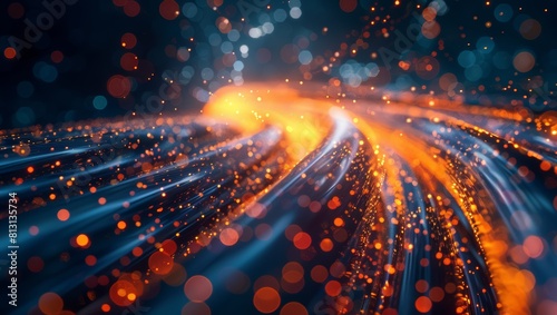 Fiber optic cables with glowing lights, symbolizing high-speed internet connection technology, in a closeup shot