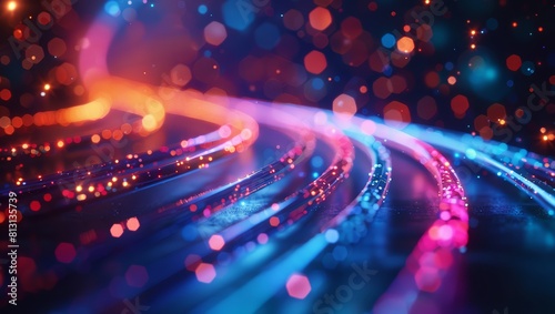 Fiber optic cables with glowing lights, highlighting the advanced technology of data transfer in fiber internet networks