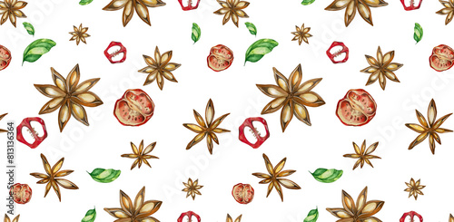 Seamless Pattern with Anise Stars, Tomato, Chili Pepper, Leaves Basil. Watercolor Illustration White Background. For Menus, Cookbooks, Recipes, Cafe Business Cards, Packaging, Kitchen Textiles.