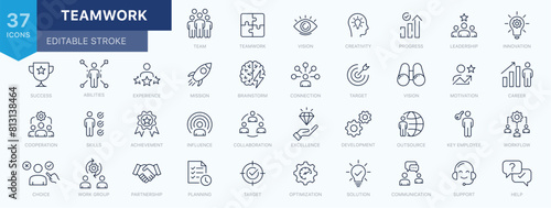 Teamwork icon set. Business team building, Work group and cooperation and collaboration icons minimal thin line web icon set. Outline icons collection. Vector illustration