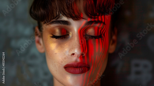 Retrato artístico de mujer joven luces de colores sobre su rostro
