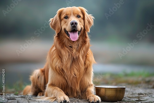 A golden retriever is seated next to a bowl filled with water