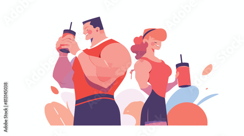 Man and woman bodybuilders weightlifters drinking p