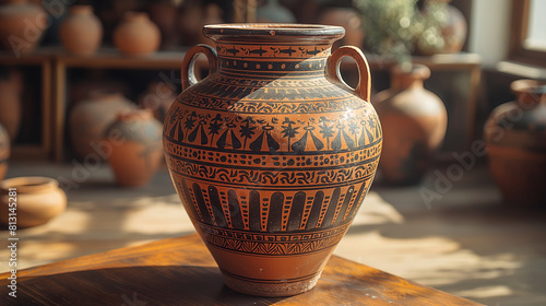 A visually stunning composition capturing the timeless beauty of an ancient Greek pottery vase, adorned with black-figure and red-figure paintings depicting scenes of mythology, hi