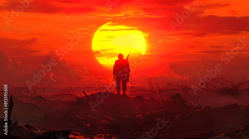 A lone soldier silhouetted against a dramatic sunset, surveying a battlefield strewn with debris