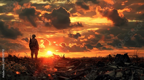 A lone soldier silhouetted against a dramatic sunset, surveying a battlefield strewn with debris